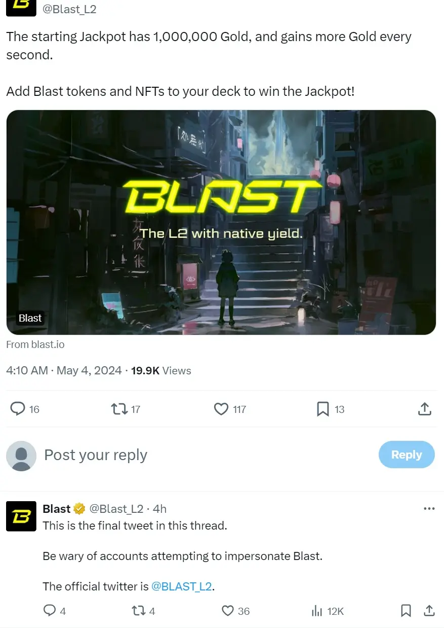 BlastはBlast Jackpotを発表し、当該チェーンのネイティブトークンおよびNFTを保有するユーザーに「ゴールドポイント」を配布します。