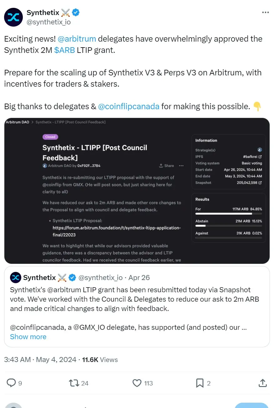 Arbitrum 已通过向 Synthetix 拨款 200 万枚 ARB 的 LTIP 赠款提案