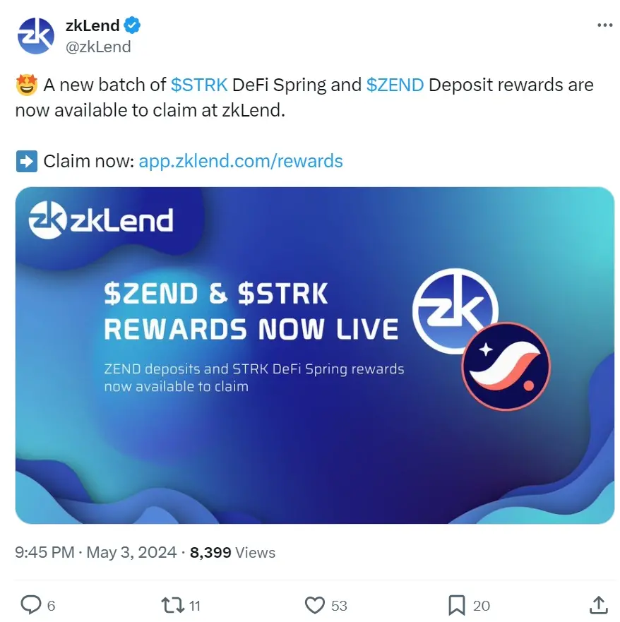 zkLend opens STRK DeFi Spring and ZEND deposit reward claims