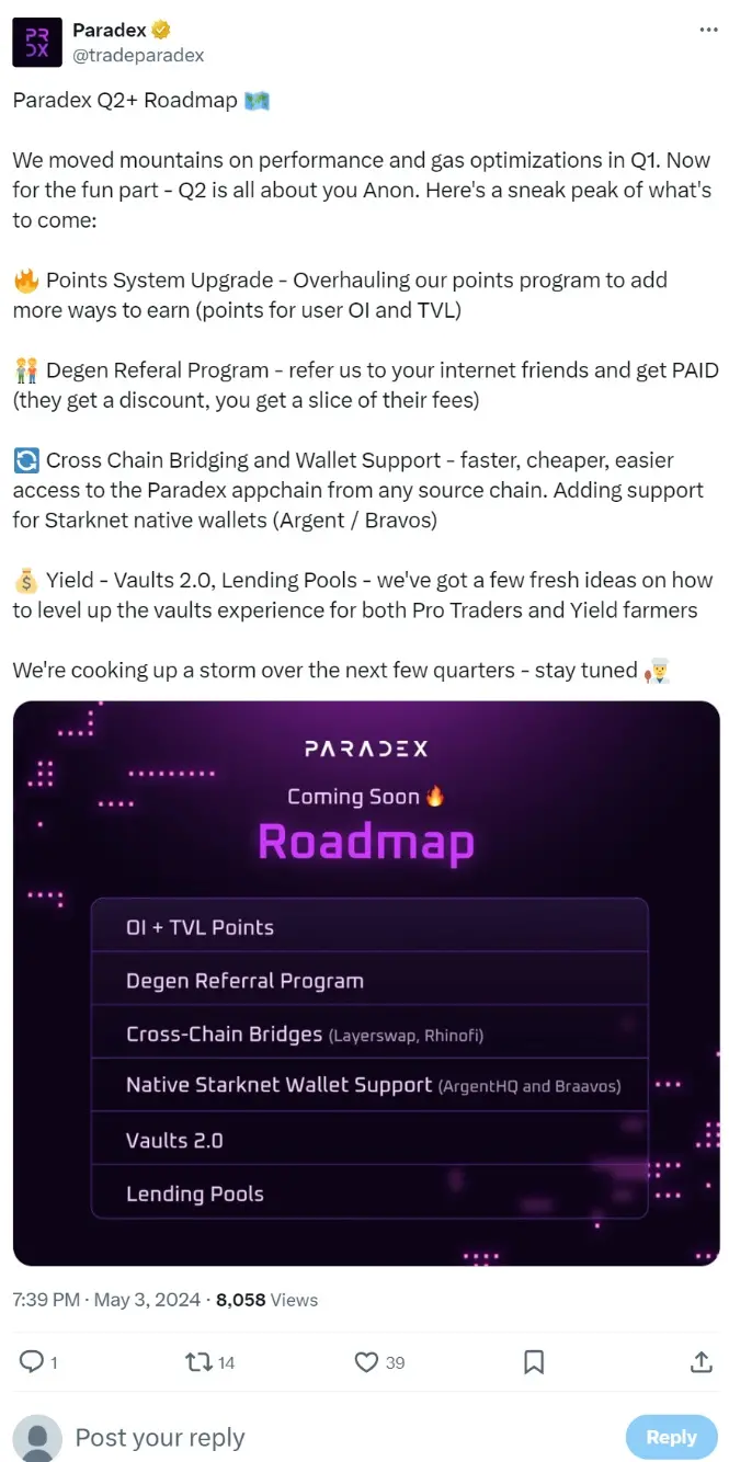 Starknet 生態 DEX Paradex 發布 Q2 路線圖：擬實現跨鏈橋接和錢包支持