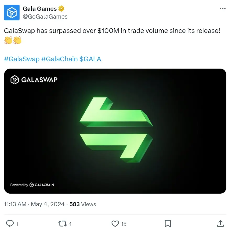 GalaSwap 总交易量突破 1 亿美元