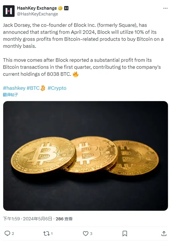 Block Inc. 联创：从 2024 年 4 月起，将每月从比特币相关产品的毛利润中拿出 10% 来购买比特币