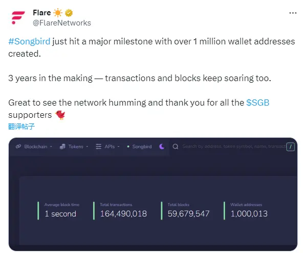 Flare：Songbird의 지갑 주소 수가 100만을 돌파했습니다