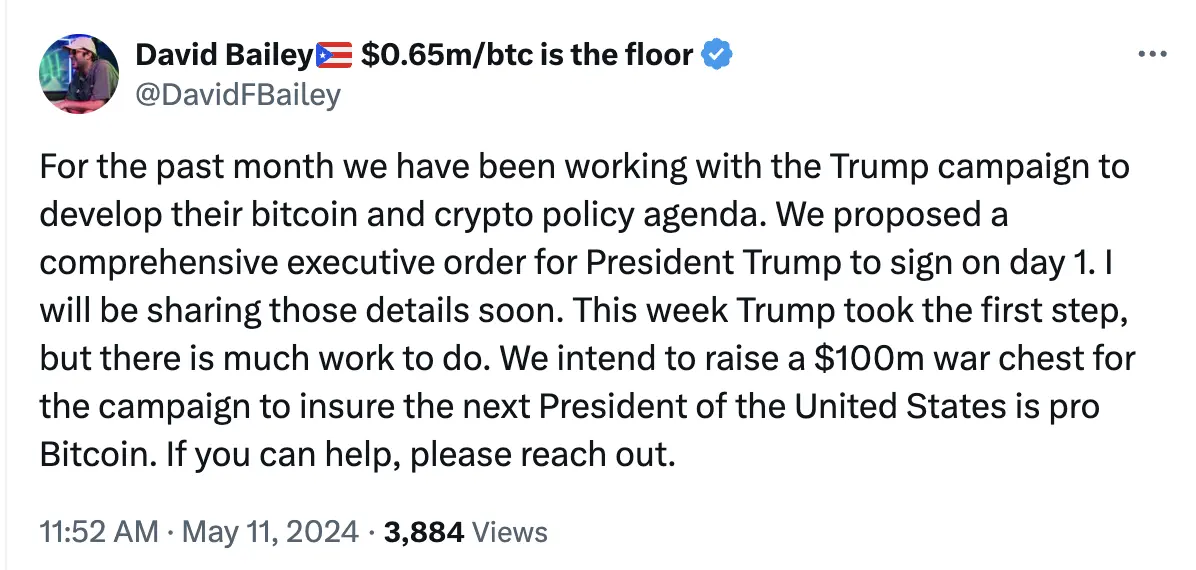 Bitcoin Magazine CEO：计划筹集 1 亿美元竞选资金，以确保下一任美国总统支持比特币