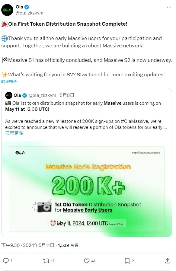 基于 ZKVM 的 Layer2 平台 Ola 已完成首个代币分发快照  
ZKVM 기반의 Layer2 플랫폼 Ola가 첫 번째 토큰 배포 스냅샷을 완료했습니다