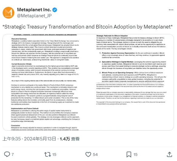 日本上市公司 Metaplanet 宣布将比特币作为其战略储备资产，以应对日本持续的经济压力