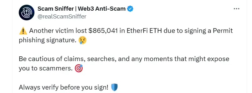 Scam Sniffer：某用户因签署 Permit 网络钓鱼签名损失逾 86 万美元加密资产