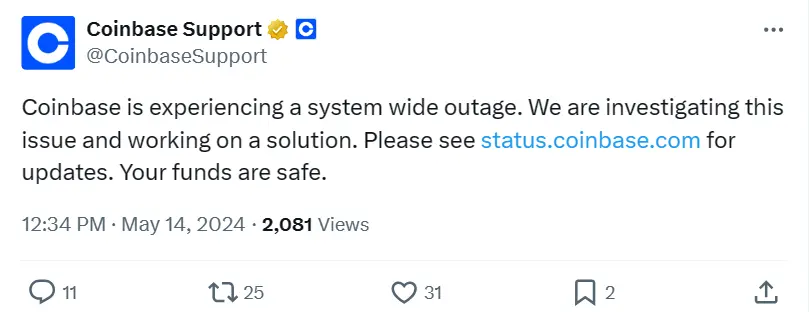 Coinbase: Investigating a system-wide outage, funds are safe