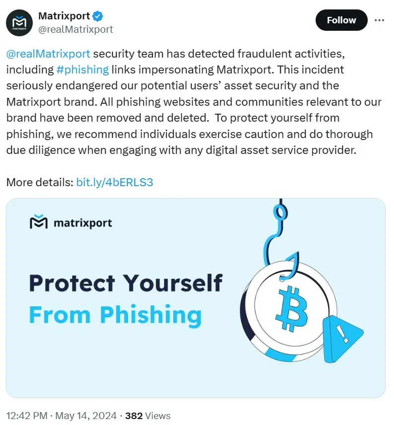 Matrixport：このブランドに関連するすべてのフィッシングサイトとリンクは削除されました。詐欺に注意してください。