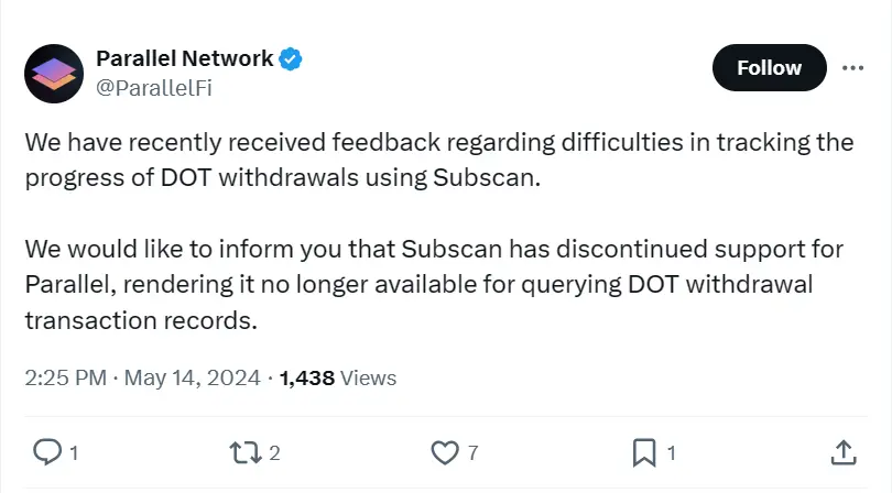 Parallel Network：SubscanはParallelのサポートを停止しました。DOTの出金記録を照会することはできません。