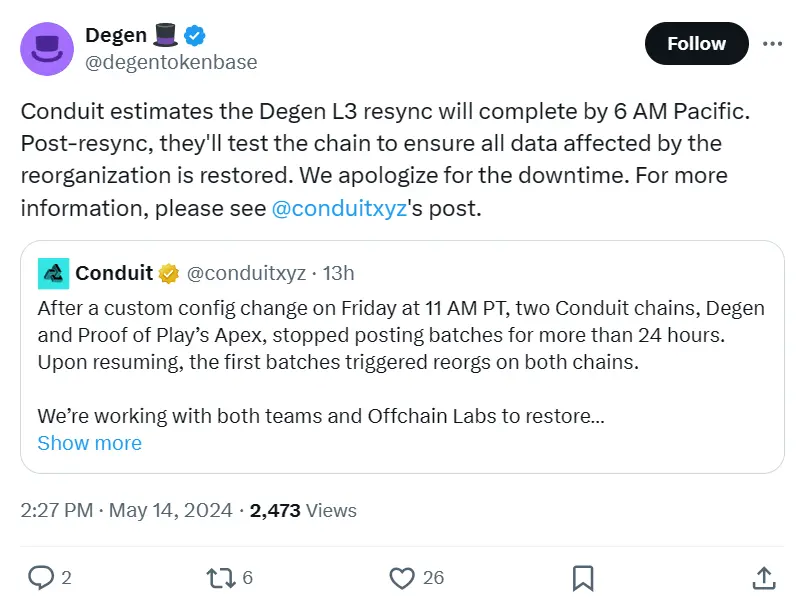 Conduit 预计 Degen L3 将在今日 21 时完成再同步