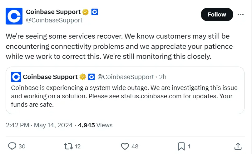 Coinbase：部分服務已開始恢復，客戶可能仍面臨連接問題