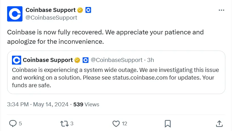 Coinbase: 고장은 이제 완전히 해결되었습니다