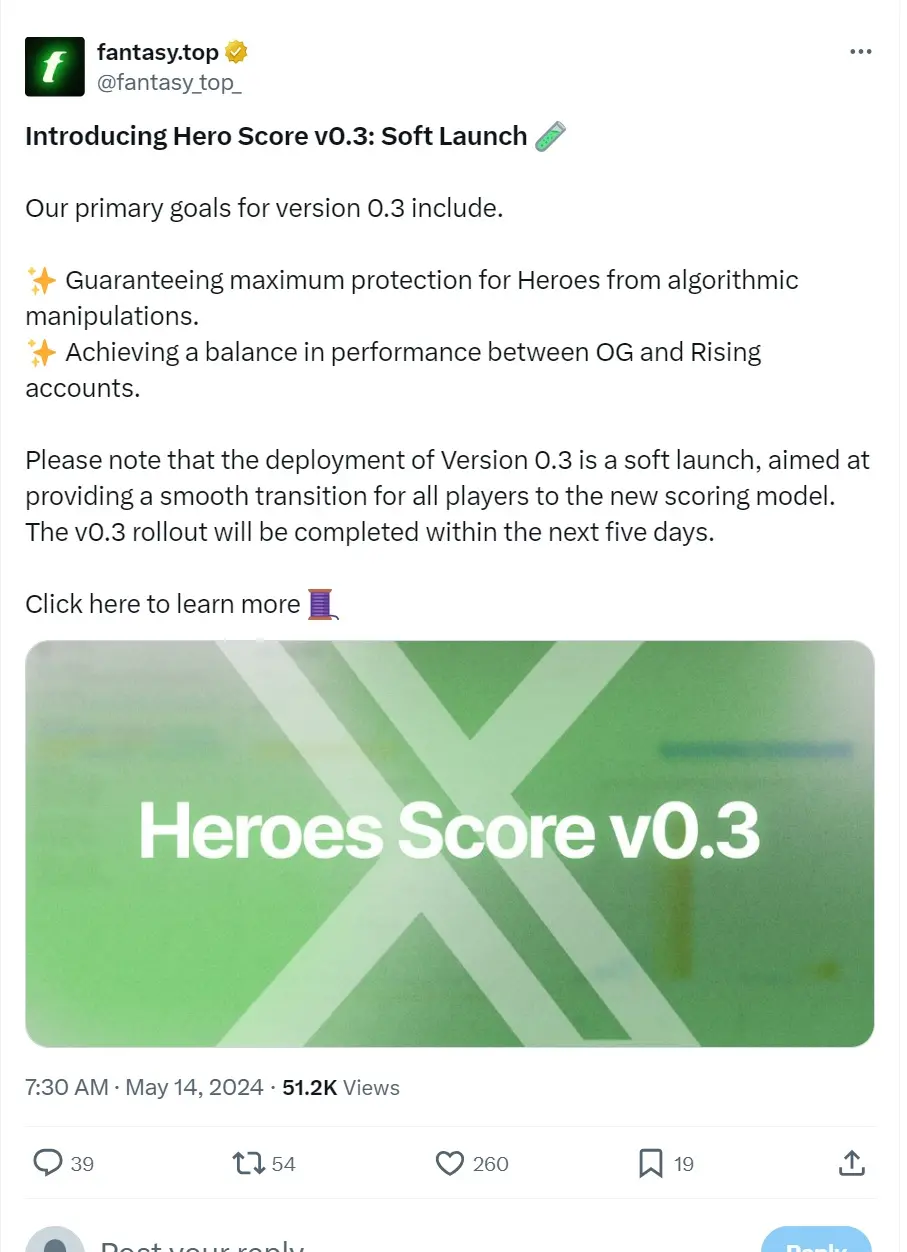 fantasy.top 将于 5 天内推出 Hero Score v0.3 版本