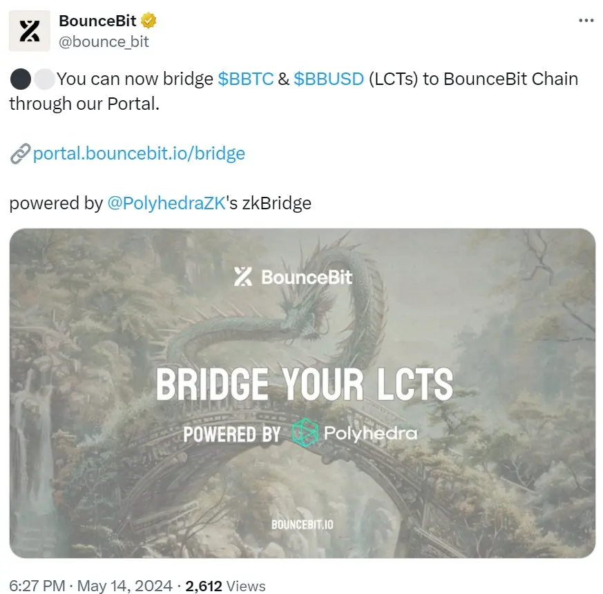 BounceBitは、BBTCとBBUSD(LCT)がBounceBit Chainにブリッジ可能であることを発表しました。