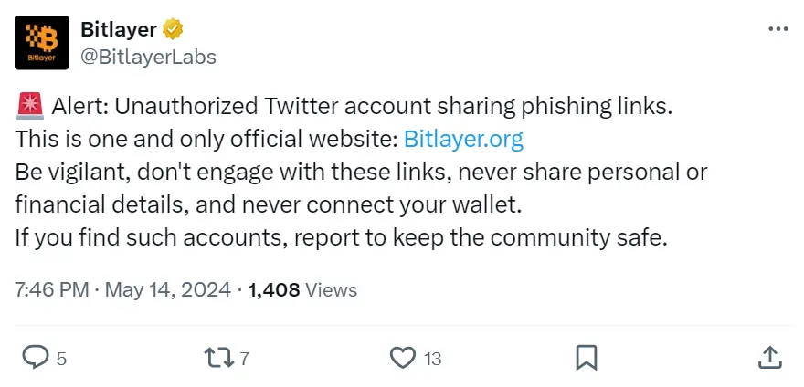 Bitlayer：無許可の Twitter アカウントがフィッシングリンクを公開しています。ユーザーは警戒してください。