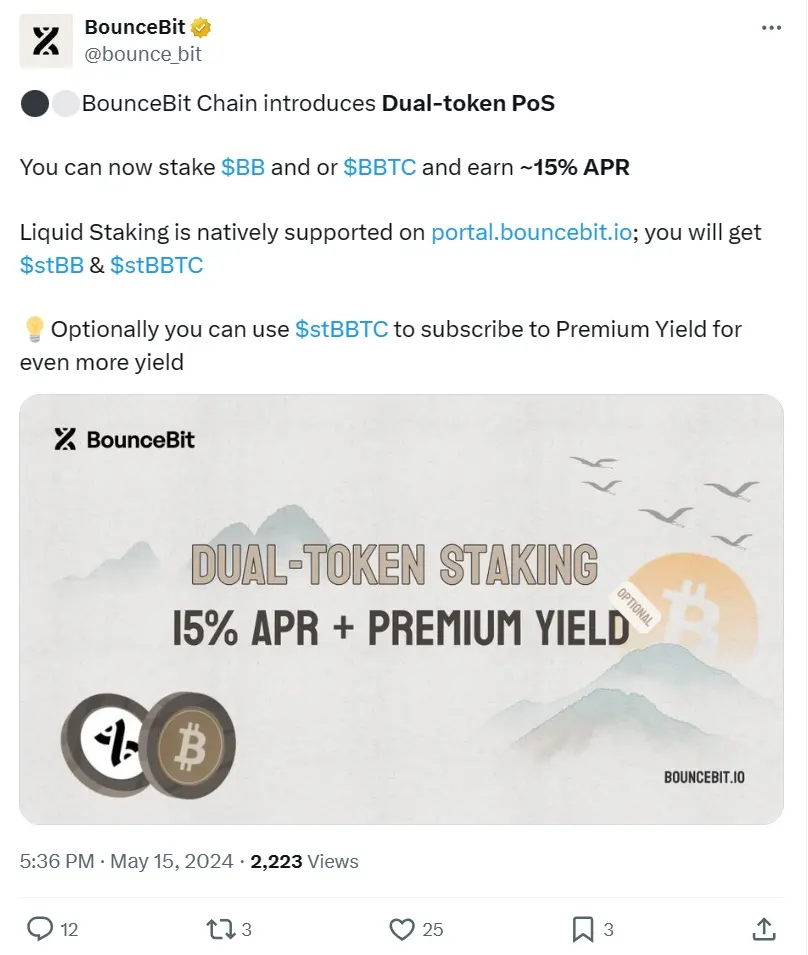 BounceBit Chain introduces a dual-token PoS mechanism, allowing users to stake both BB and BBTC simultaneously