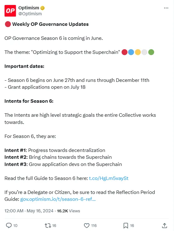 Optimism 将于 6 月 27 日开启 OP 治理 Season 6，主题为优化支撑超级链