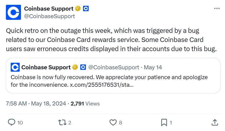Coinbase：今週の短時間のダウンはCoinbase Cardの報酬サービスに関連するエラーによるものであり、セキュリティの問題ではありません。