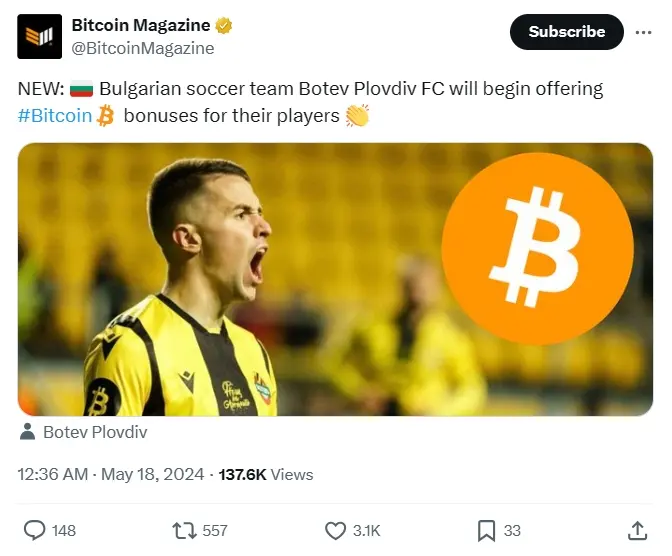 The Bulgarian football team Botev Plovdiv FC will provide Bitcoin bonuses to its players