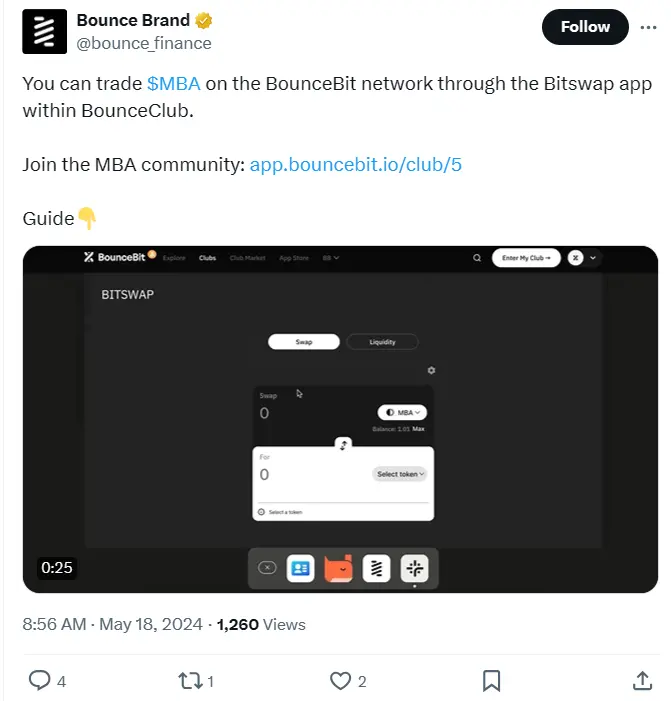 ユーザーは現在、BounceClub内のBitswapアプリを通じてBounceBitでMBAを取引できます。