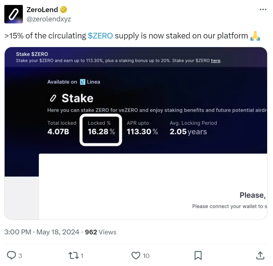ZeroLend：当前流通量 15% 的 ZERO 正在质押中