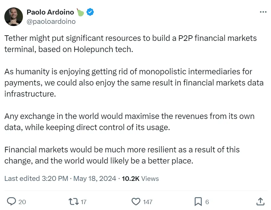 Tether CEO: Tether may establish a P2P financial market terminal based on Holepunch technology