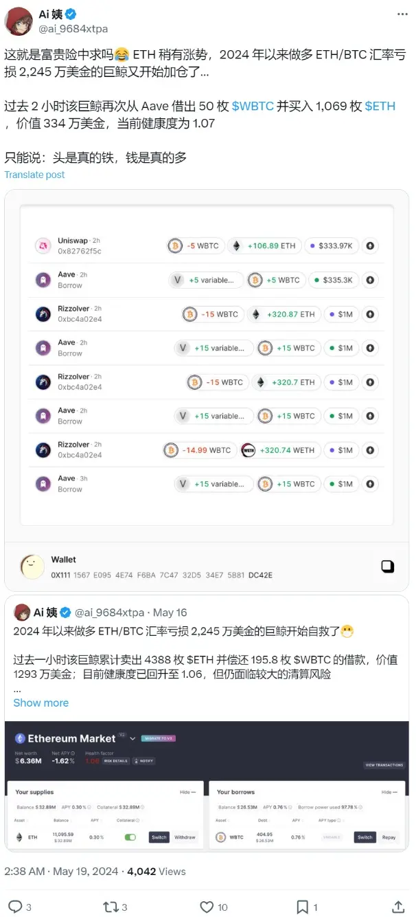 ETH/BTCのレートで2245万ドルの損失を出した大口投資家が再び1069枚のETHを購入しました。