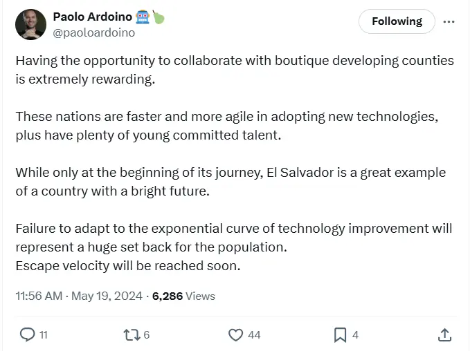 Tether CEO: El Salvador has a bright outlook in adopting new technologies