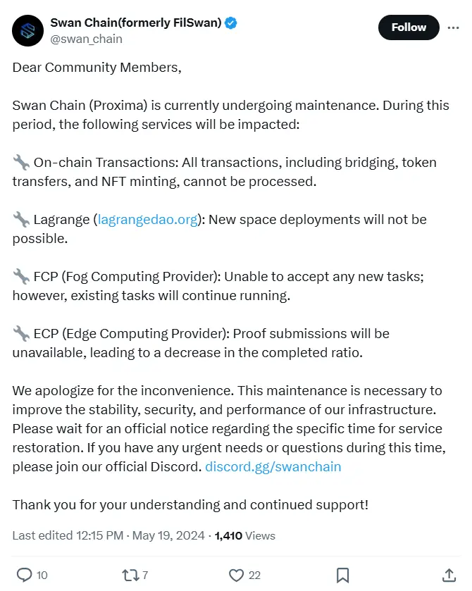Swan Chain（Proxima）はメンテナンス中で、チェーン上の取引などのサービスに影響があります。