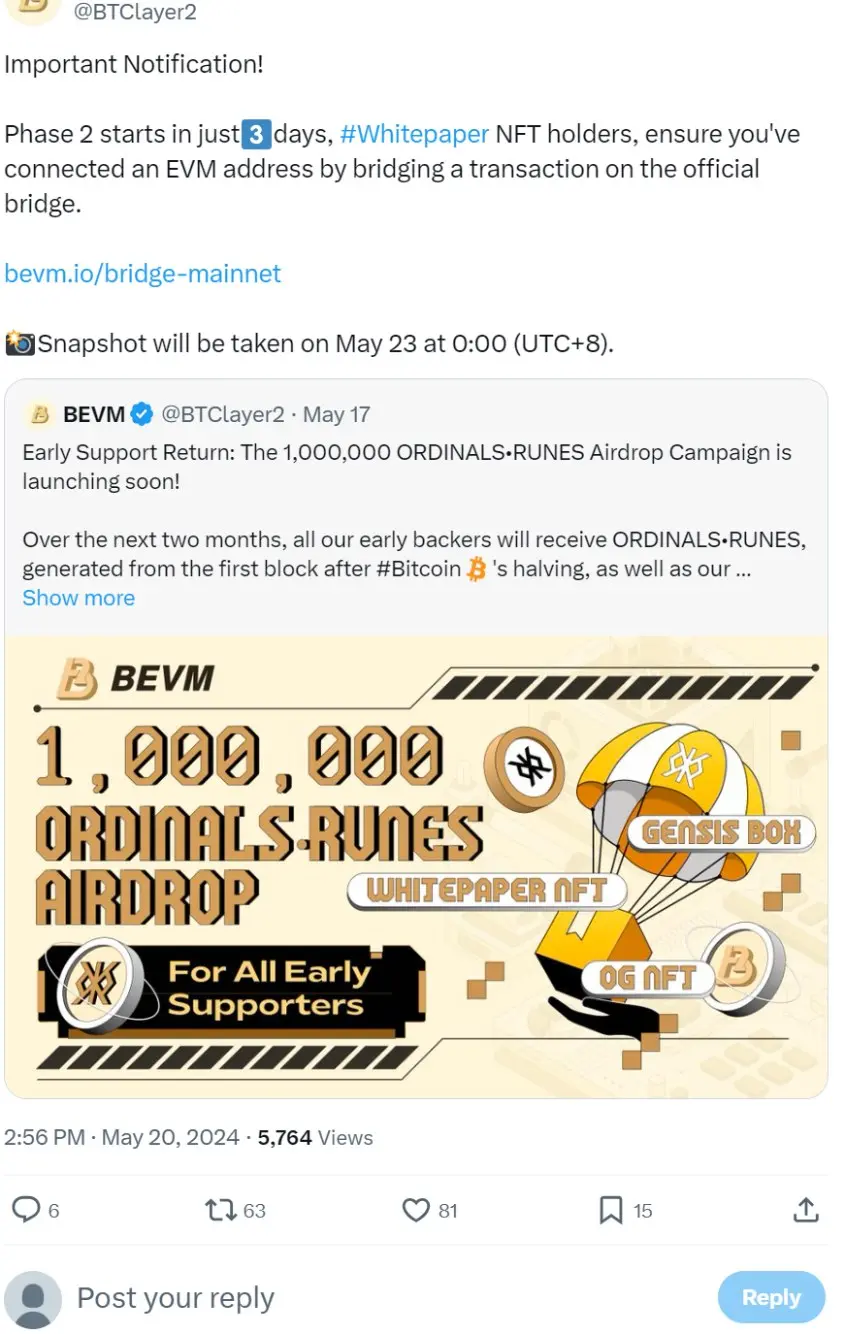 BEVM will take a snapshot of Whitepaper NFT holders