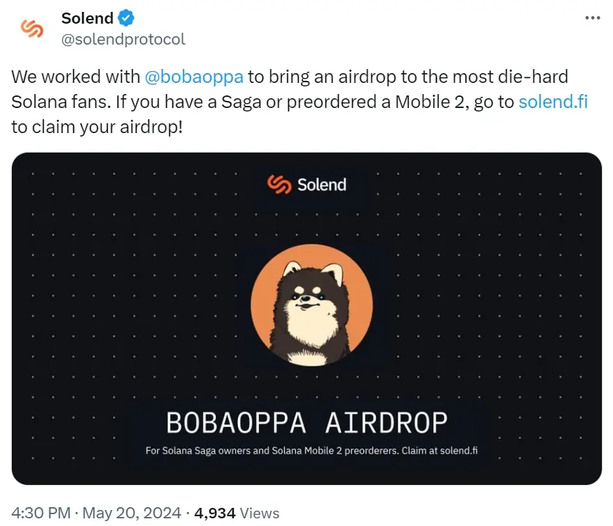 Solend will distribute Bobaoppa airdrops to Saga users and Solana Mobile 2 pre-order leaderboard users