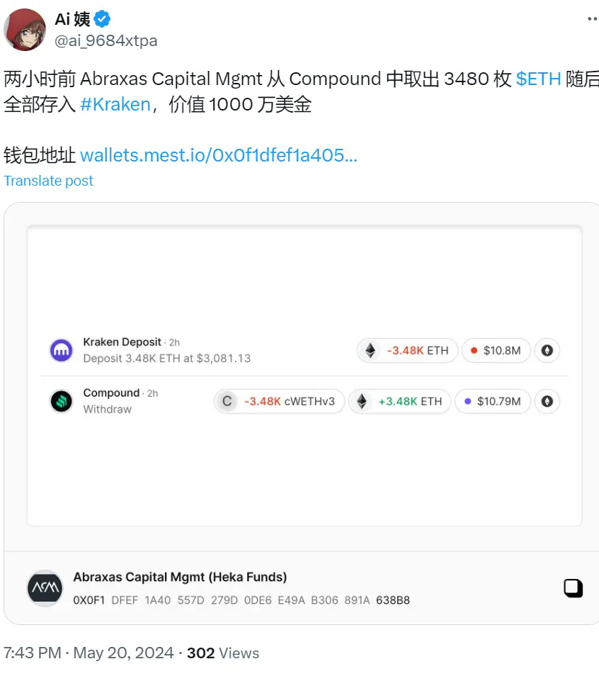Data: Abraxas Capital Management deposited all 3,480 ETH into Kraken