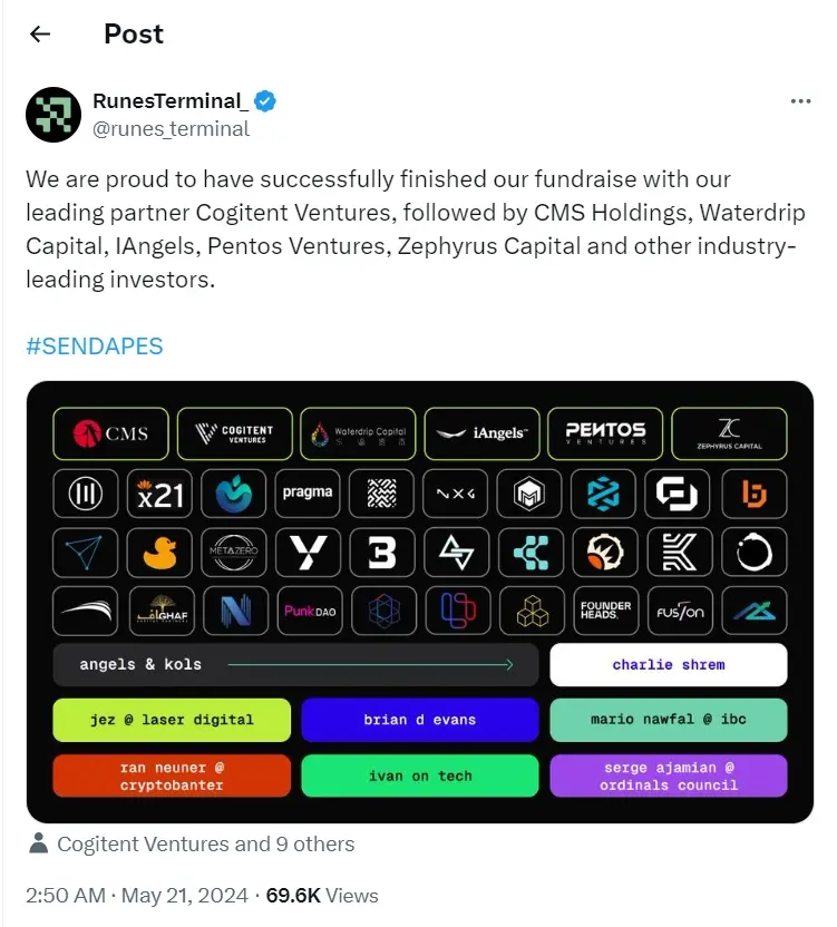 符文 Launchpad 项目 RunesTerminal 宣布完成一轮融资，Cogitent Ventures 领投