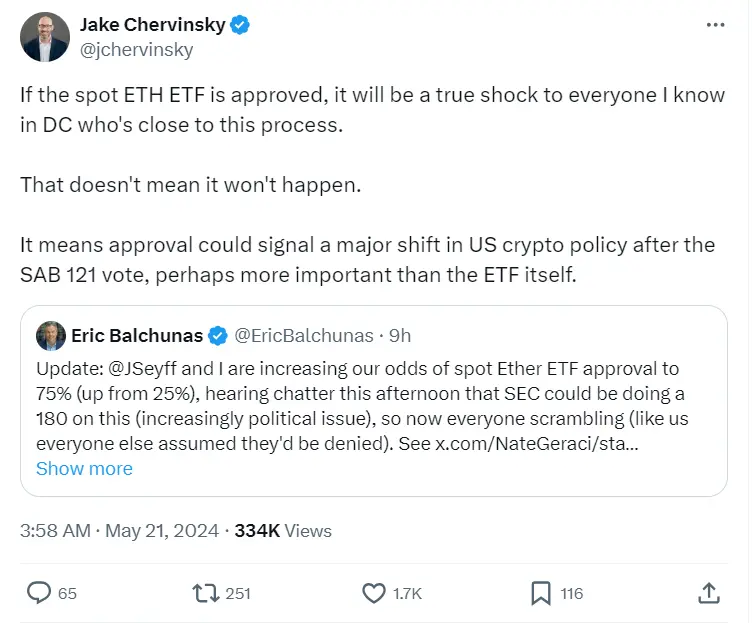 Variantの最高法務責任者：ETH現物ETFが承認されれば、2院のSAB 121投票後に規制当局の態度が大きく変わったことを意味します。