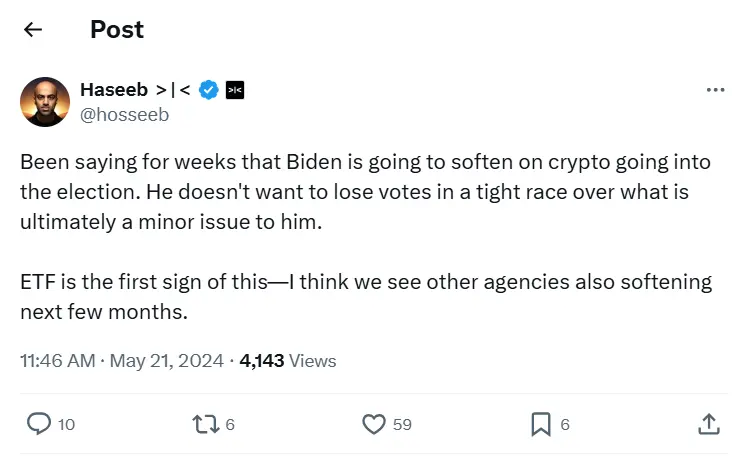 Dragonfly パートナー：バイデンは選挙前に暗号通貨に対する政策を緩和する可能性がある