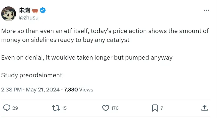 Su Zhu：今日價格走勢顯示出場外觀望的資金量，即便 ETF 被否決加密貨幣價格最終也會上漲