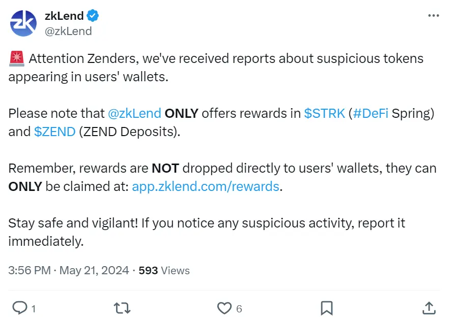 zkLend：仅提供 STRK 和 ZEND 奖励代币，用户需警惕其钱包收到的其他可疑代币