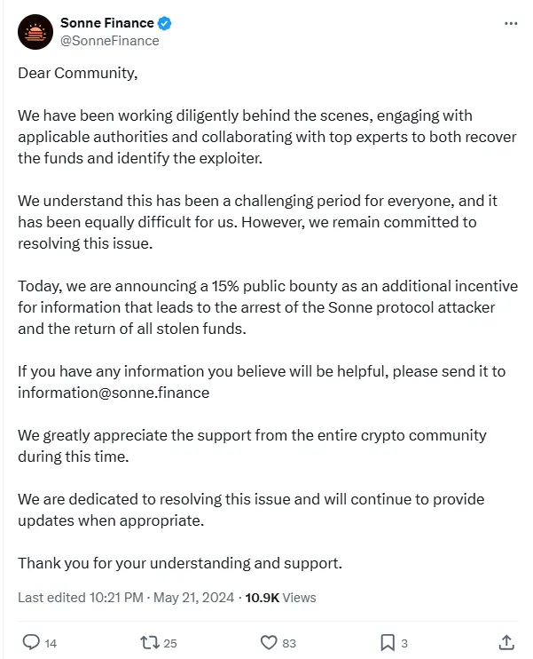 Sonne Finance 为提供黑客信息等协助破案方设 15% 公开赏金