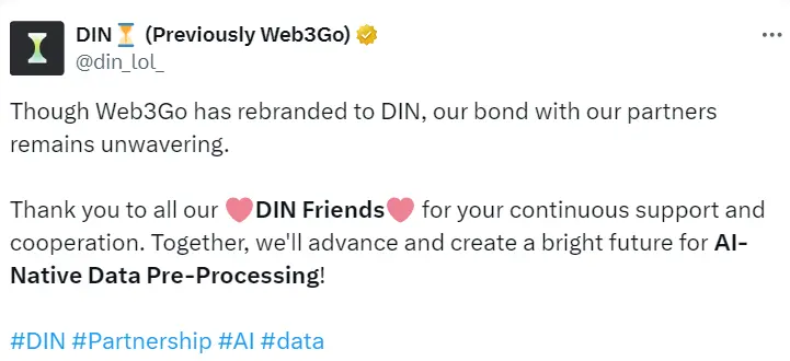 數據智能網絡 Web3Go 已更名為 DIN