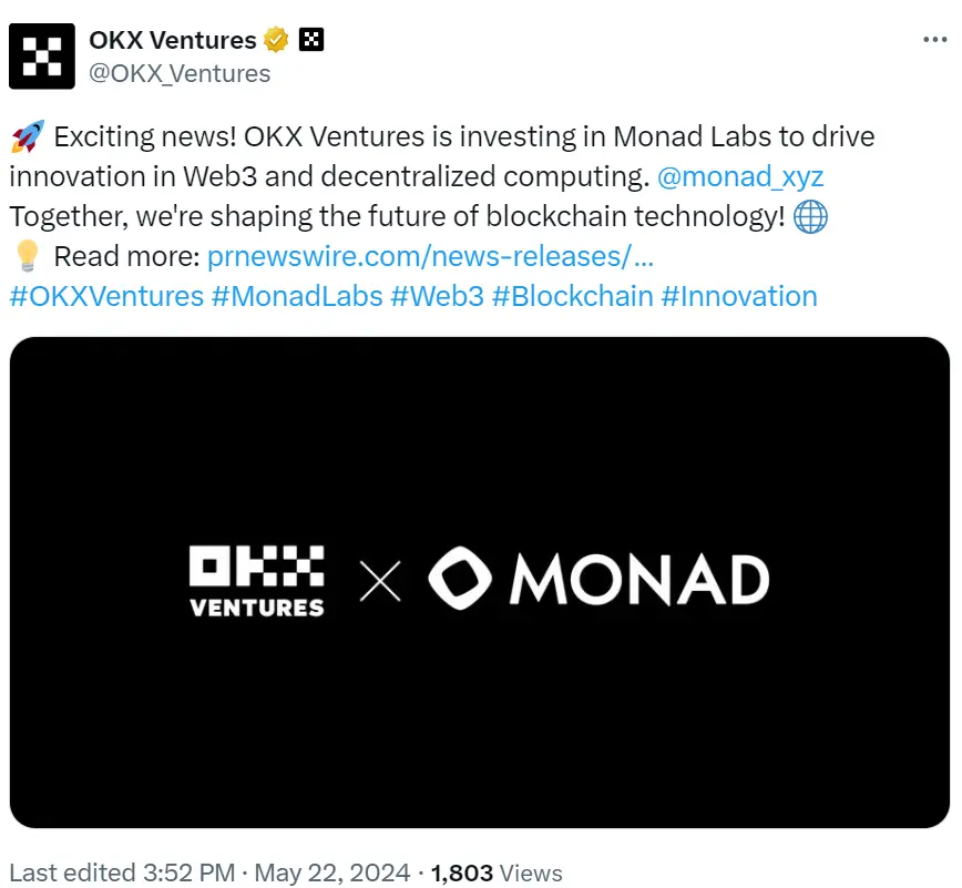 OKX VenturesはMonad Labsへの投資を発表しました。