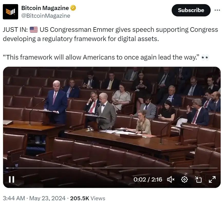 美议员 Tom Emmer：数字资产监管框架将使美国再次发挥引领作用