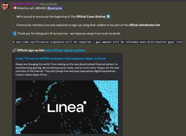 Linea 공식 Discord 관리자 계정이 해킹된 것으로 보입니다. 상호작용하지 마세요