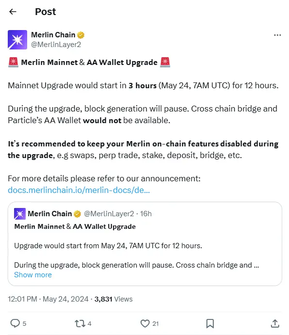 Merlin Chain은 오늘 15:00에 메인넷 업그레이드를 진행합니다