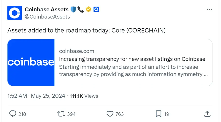 Coinbase 将 Core（CORECHAIN）列入上币路线图