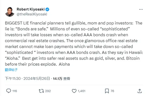 《富爸爸穷爸爸》作者：最好在比特币等资产价格暴涨之前买入