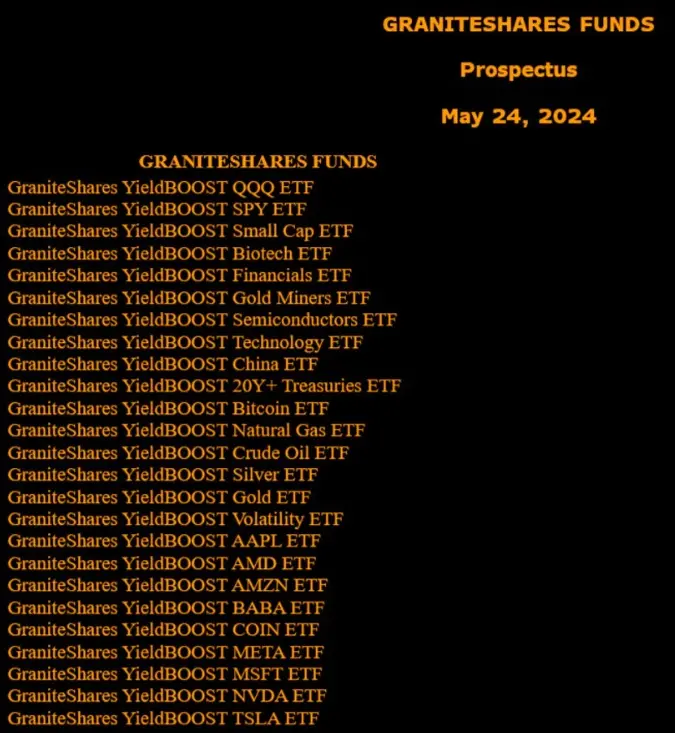 GraniteShares 申请 25 只“ YieldBOOST ”ETF，通过交易比特币等波动性较大的资产期权寻求高收入