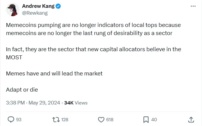 Andrew Kang：Meme 币上涨不再是市场见顶指标