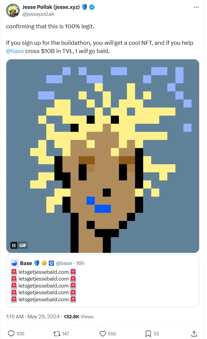 Base 協議負責人：若 Base 的 TVL 突破 100 億美元，將剃光頭