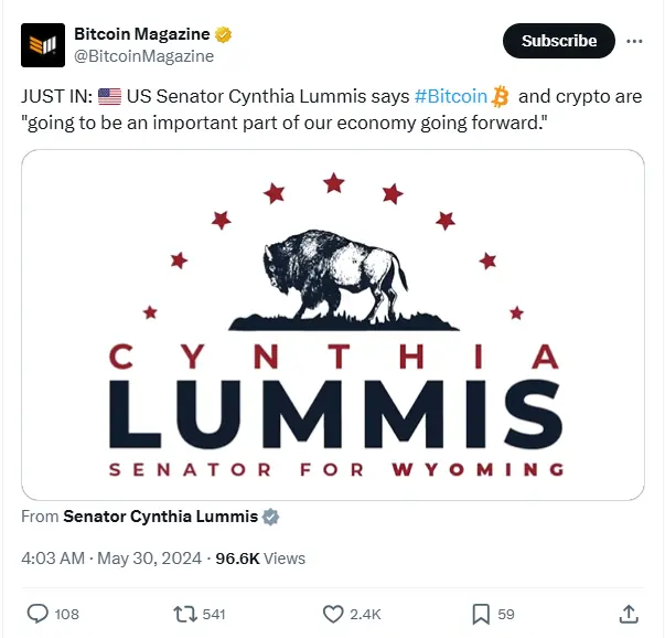 美议员 Cynthia Lummis：比特币和加密货币将成为未来经济的重要组成部分